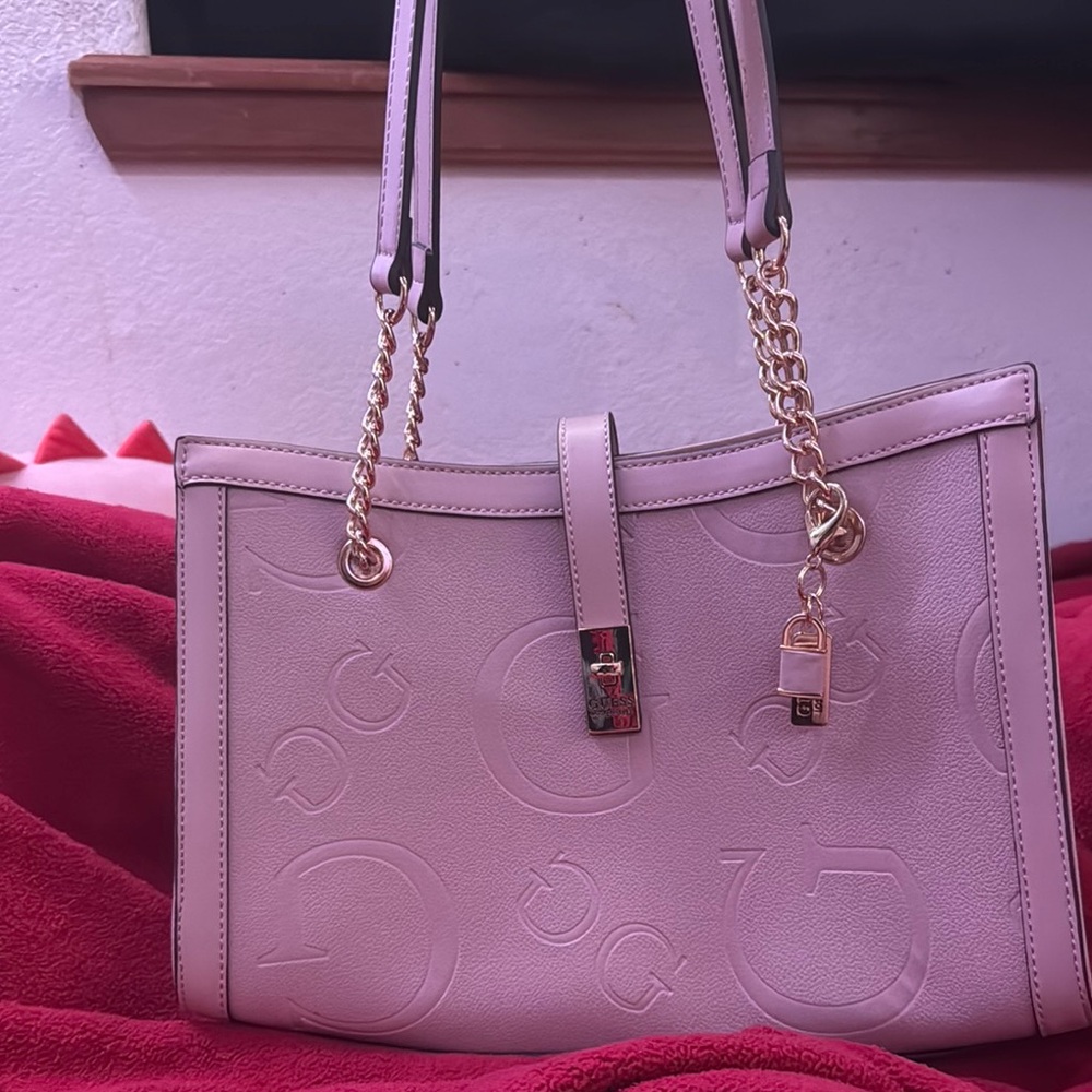 Guess Gold and Pink Embossed Shoulder Bag with Chain Straps